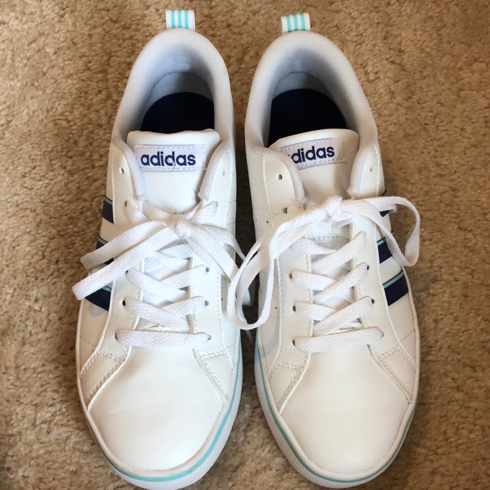 White With Blue Stripes Adidas Shoes